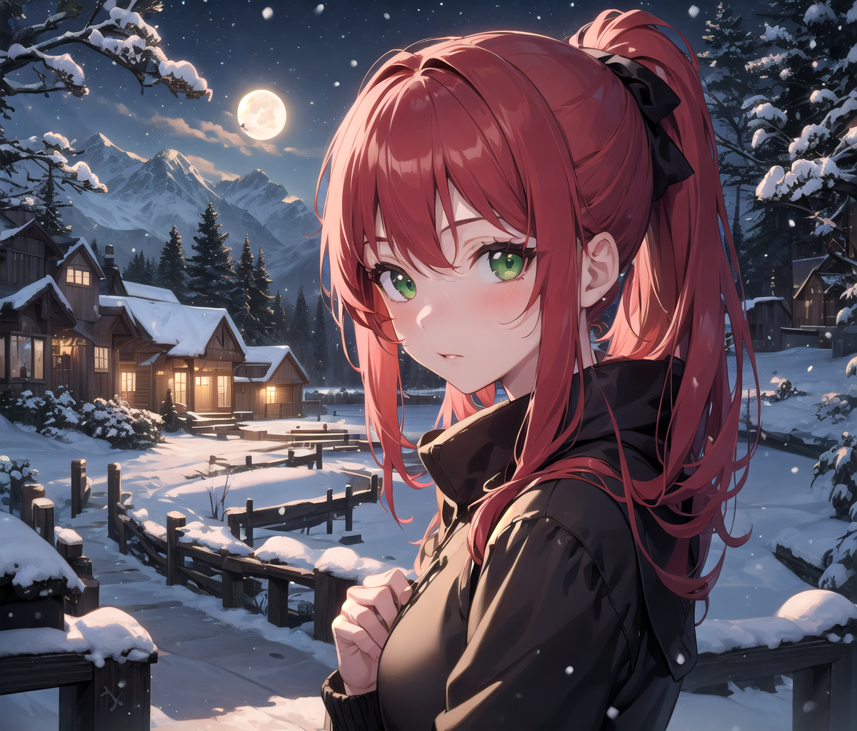 11840-1103819662-masterpiece, best quality, 1girl, red hair, ponytail, green eyes, looking at viewer, snowing, landscape, night, cold, night sky,.png